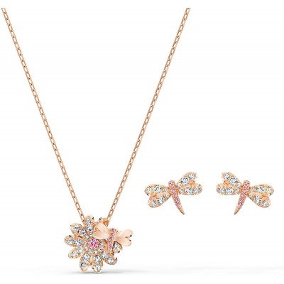 Swarovski Eternal Flower Set, Rose-Gold Tone Plated Women's Flower and Dragonfly Pierced Earrings and Pendant Necklace with White and Pink Crystals