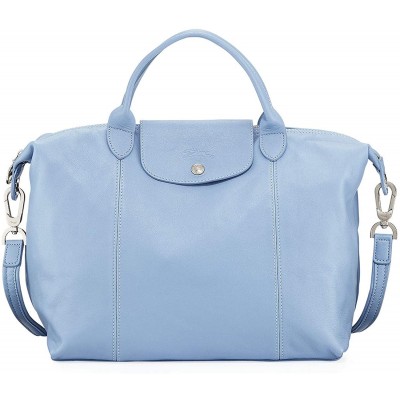 LongChamp Women's Le Pliage Cuir Light Blue Leather Top Handle Leather Tote Handbag Medium