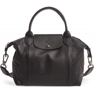 LongChamp Women's Le Pliage Black Leather Top Handle Leather Tote Handbag Medium