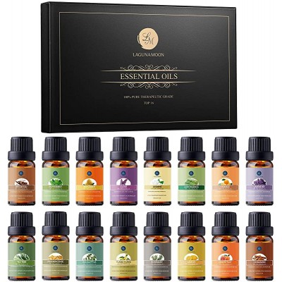 Lagunamoon Essential Oils Gift Set 16 x 10mL Essential Oils for Diffuser Humidifier Massage Aromatherapy Essential Oils - Lavender, Tea Tree, Lemon, Orange, Peppermint, Rosemary, Lemongrass