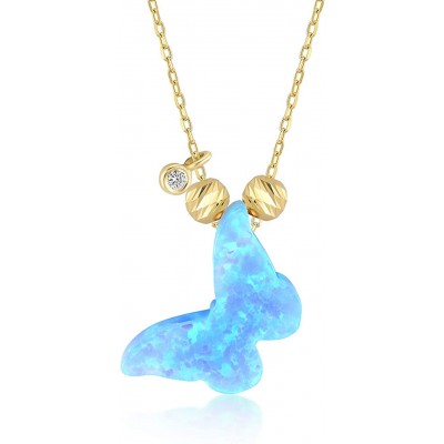 GELIN 14k Solid Gold Opal Butterfly with Genuine Diamond Chain Necklace - Opal Jewelry for Women