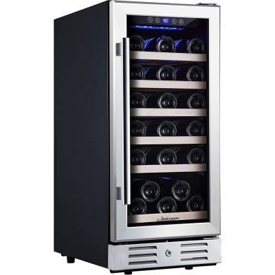 Kalamera Mini Fridge 15" Wine Cooler Refrigerator - 30 Bottle Wine Fridge with Stainless Steel Refrigerator& Double-Layer Tempered Glass Door and Temperature Memory Function Built-in or Freestanding
