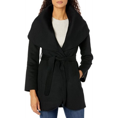 T Tahari Women's Double Face Wool Blend Wrap Coat with Oversized Collar