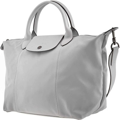 LongChamp Women's Le Pliage Grey Leather Top Handle Leather Tote Handbag Medium
