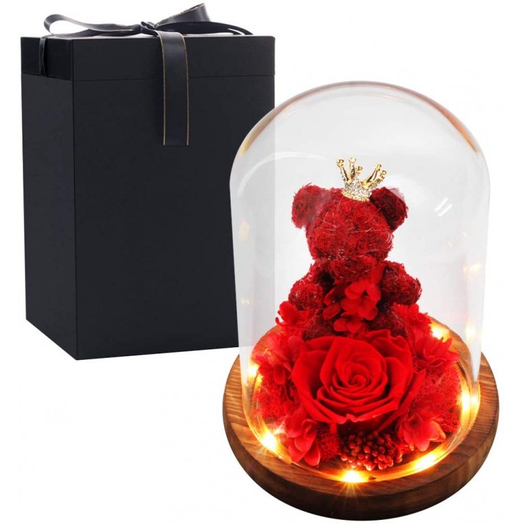 Rose Eternal Rose- Preserved Flower Rose Bear Handmade Fresh Flower Rose in Beautiful Glass Dome Best Gift for Valentine&#39;s Day Mother&#39;s Day Thanksgiving Birthday (red)