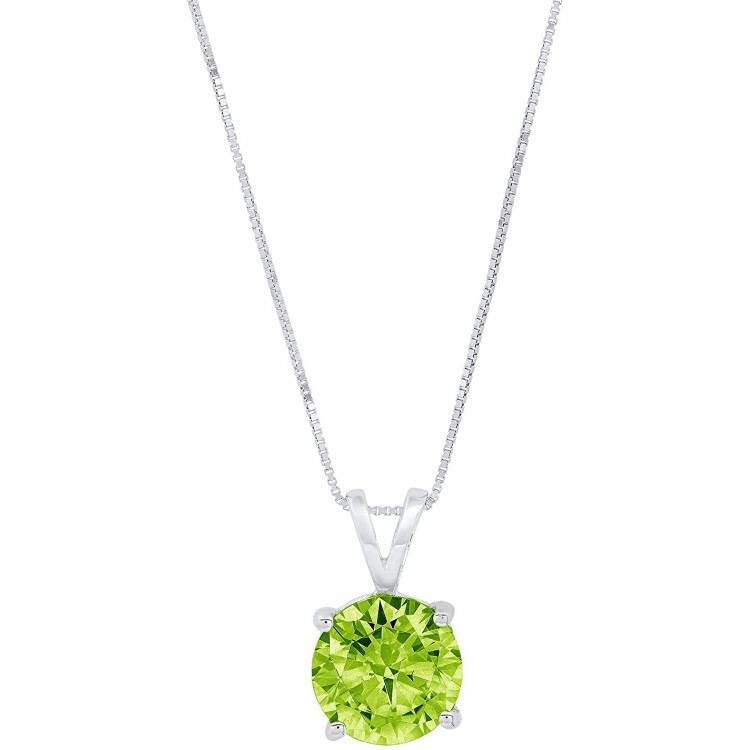 3.0 ct Brilliant Round Cut Designer Flawless Genuine Natural Green Peridot Ideal VVS1 Solitaire Pendant Necklace With 16&#34; Gold Chain Box Birthstone Solid 14k White Gold Clara Pucci