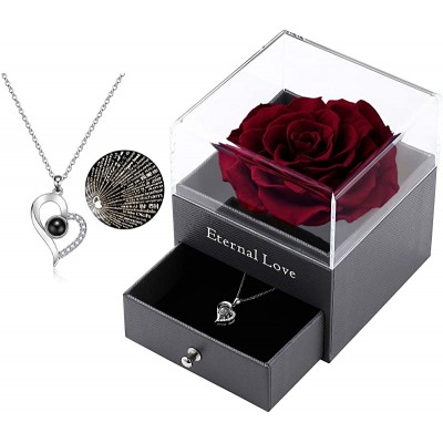 Preserved Rose Drawer with Silver-Tone Special Heart Necklace, Handmade Fresh Rose Romantic Gift for Her on Valentine&#39;s Day, Mother&#39;s Day (Wine Red Rose)