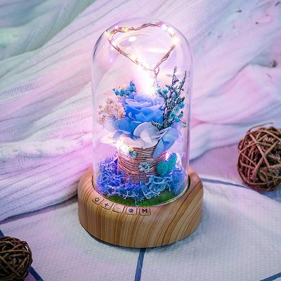 Real Preserved Rose in Glass Dome, DDSKY Enchanted Preserved Rose Eternal Flowers Rose LED Light with Bluetooth Speaker Gift for Christmas Valentine Day Mothers Day Birthday, Blue