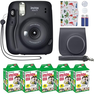 Fujifilm Instax Mini 11 Instant Camera + MiniMate Accessory Bundle &amp; Compatible Custom Case + Fuji Instax Film Value Pack (50 Sheets) Flamingo Designer Photo Album (Charcoal Gray, Standard Packaging)