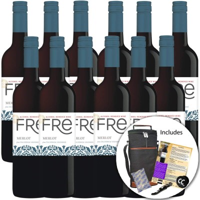 Sutter Home Fre Merlot Non-Alcoholic Red Wine Experience Bundle with Wine Travel Cooler Bag, Ice Packs, Corkscrew, Pop Socket, Seasonal Wine Pairings &amp; Recipes, 12/750ML 12-Pack