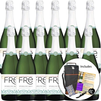 Sutter Home Fre Sparkling Brut Non-Alcoholic Champagne Experience Bundle with Wine Travel Cooler Bag, Ice Packs, Corkscrew, Pop Socket, Seasonal Wine Pairings &amp; Recipes, 12/750ML, 12-Pack