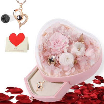 Gifts for Women-Heart-Shaped Forever Rose Box,Romantic Rose Flower Gift,4 in 1 Gift Pack Preserved Flowers with 100 Language I Love You Necklace, for Her(Pink Rose)