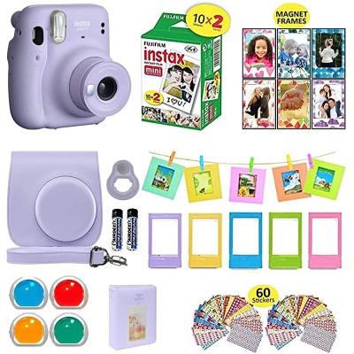 Fujifilm Instax Mini 11 Instant Camera + Shutter Compatible Carrying Case + Fuji Film Value Pack (20 Sheets) + Shutter Accessories Bundle, Color Filters, Photo Album, Assorted Frames (Lilac Purple,)