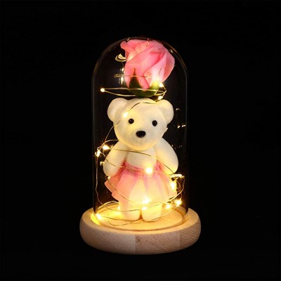 Uonlytech Enchanted Rose in Glass Dome with Lights, Beauty and The Beast Rose Bear Artificial Flowers, Preserved Rose for Valentines Day Mothers Day Anniversary Wedding Gifts, Pink
