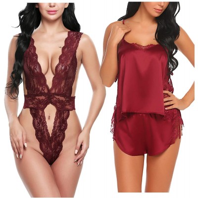 Avidlove Women One Piece Lingerie Sexy Lace Teddy Mini Babydoll Bodysuit Deep V Nighty&amp;Avidlove Women Satin Pajamas Sleepwear Sexy Cami Shorts Pajama Sets