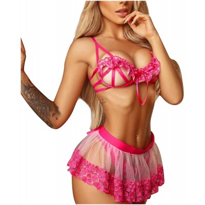 Uouge Ruffle Laceup Lingerie Embroidery Splicing Mesh Underwear Naughty for Sex Womens Cute Bowknot Bra Skirt Thong Babydoll