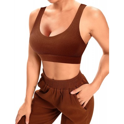 Two Piece Workout Outfits for Women Jogger Sweatpants Sets with Pockets Ribbed Sports Bra Gym Activewear