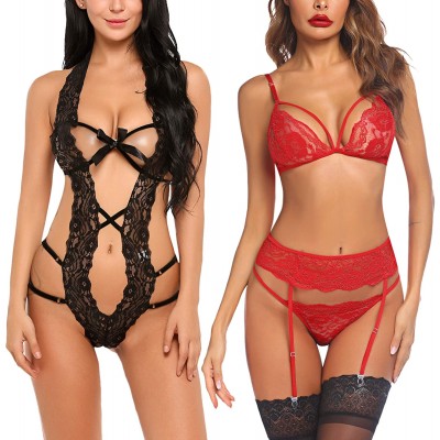 Avidlove Women Deep V One Piece Teddy Lingerie (Black, Small) and Sexy Lingerie for Women Lingerie Set with Garter Belts (Red, Small)