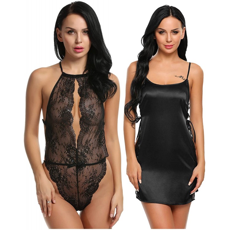 Avidlove Lingerie for Women Teddy One Piece Lace Babydoll Bodysuit and Avidlove Satin Nightwear Lace Chemise Sexy Nightgown