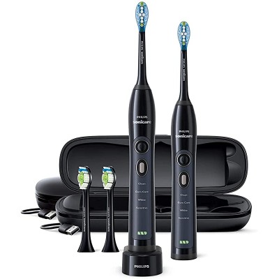 Philips Sonicare FlexCare Whitening Edition Rechargeable Toothbrush Bundle HX6964, Handles DiamondClean Plaque Control Brush Heads USB Charging Travel Cases, Black, (Pack of 2)