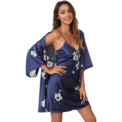Escalier Women&#39;s Silk Satin Pajamas Sets 2Pcs Floral Silky Pj Robe Set with Chemise Nightgown