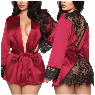 Women&#39;s Sexy Lace-Trim Robe Long Sleeve Satin Kimono Sleepwear Bridesmaid Wedding Party Nightwear