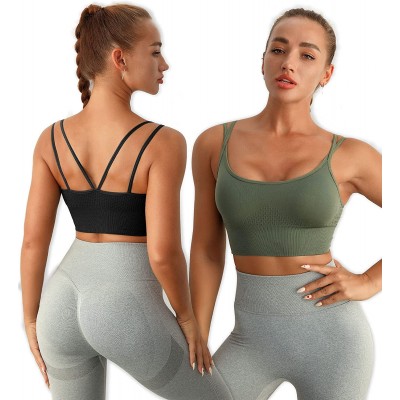 Womens Sports Bra,2 Pack Longline Padded Wireless Strappy Yoga Bra Workout Tops Active Wear