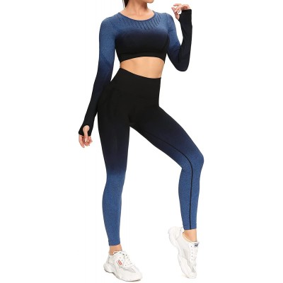 TAKIYA Women&#39;s 2 Piece Workout Outfit Seamless High Waist Leggings with Long Sleeve Crop Top Yoga Set Gradient Color