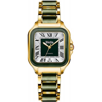 Diella Women Rectangle Dress Watch, Automatic Self Winding Watches for Women with Date, Waterproof Jade &amp; Stainless Steel Watch, Roman Numerals Analog Watch(Model:AD6027L)