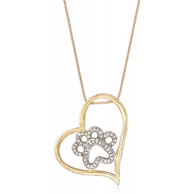 Ross-Simons 0.15 ct. t.w. Diamond Paw Print and Heart Pendant Necklace in 18kt Yellow Gold Over Sterling Silver