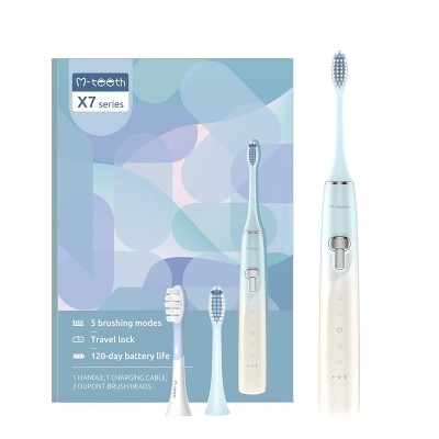 M-teeth X7 Series Sonic Electric Toothbrush for Adults, Last for 120 Days, 5 Modes Smart Travel Lock, 3 Brush Heads with Soft Bristles, Rechargeable and Water Resistant, Blue