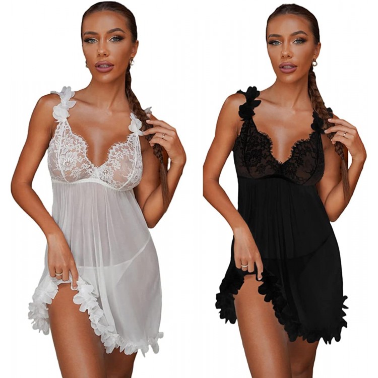 2 pairs of Black and White Sexy Sleeveless Babydoll Lingerie Dress