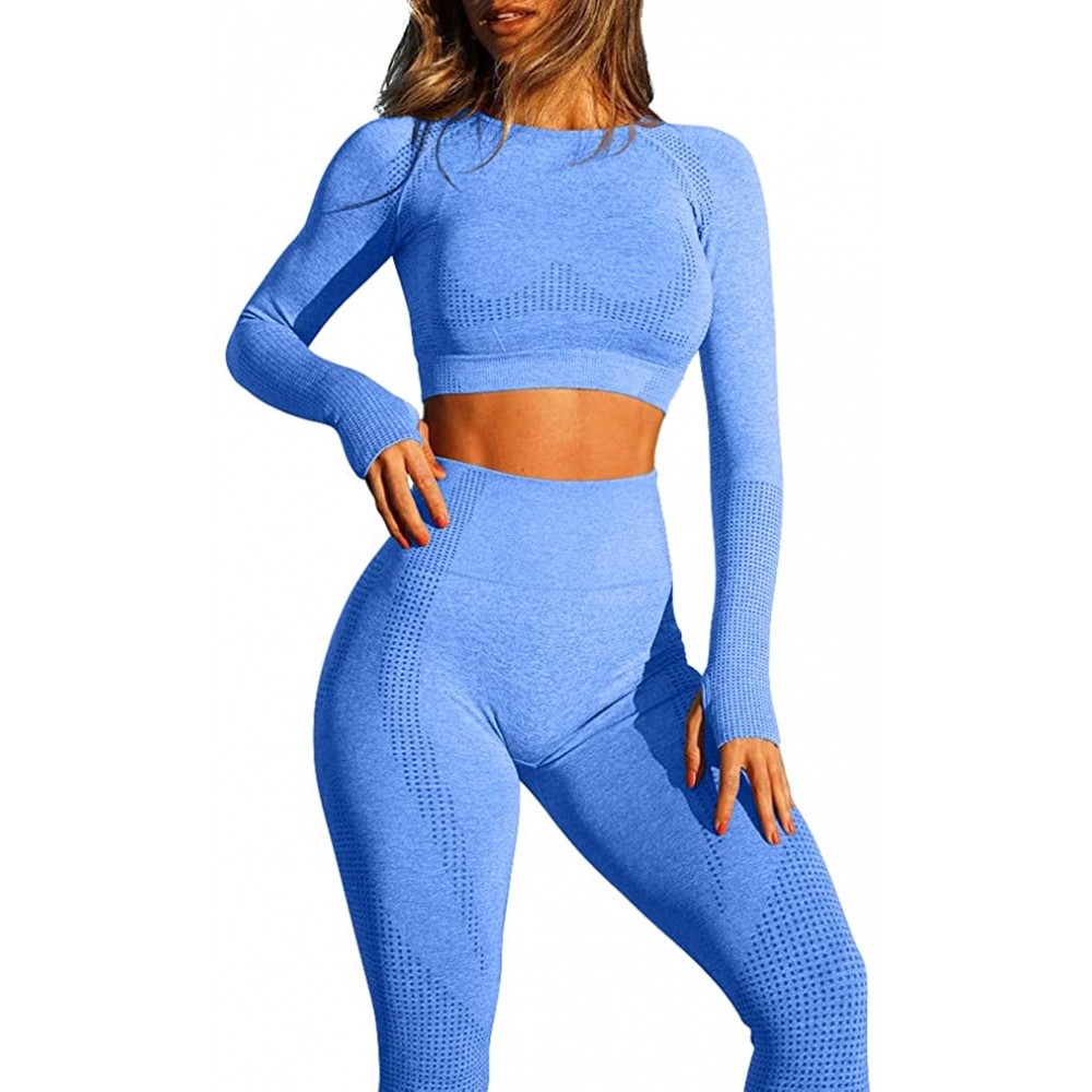 OQQ Women Exercise Outfit 2 Piece Seamless High Waist Leggings Long Sleeve  Crop Top Yoga Set