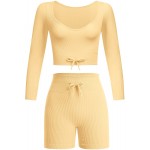 Workout Sets for Women 2 Piece Seamless Long Sleeve Crop Top Ribbed High Wasit Leggings Gym Yoga Outfits Tracksuit