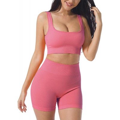 Women&#39;s Workout Outfits Yoga Set 2 Piece Seamless Ribbed Sports Bra Tight Shorts Gym Suit