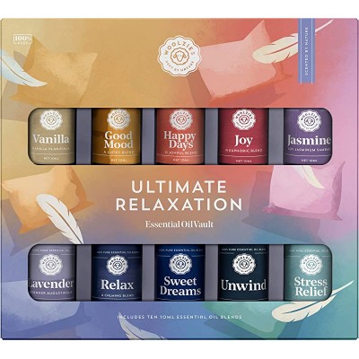 Ultimate Relaxation Essential Oil Vault of 10 | Includes Vanilla, Good Mood, Happy Days, Joy, Jasmine, Lavender, Relax, Sweet Dreams, Unwind &amp; Stress Relief | 10 ML