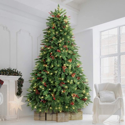 LifeFair 10 ft Artificial Christmas Tree Prelit, Pinecone Christmas Tree with Clear Lights, Includes Metal Stand, Ideal for Christmas Days